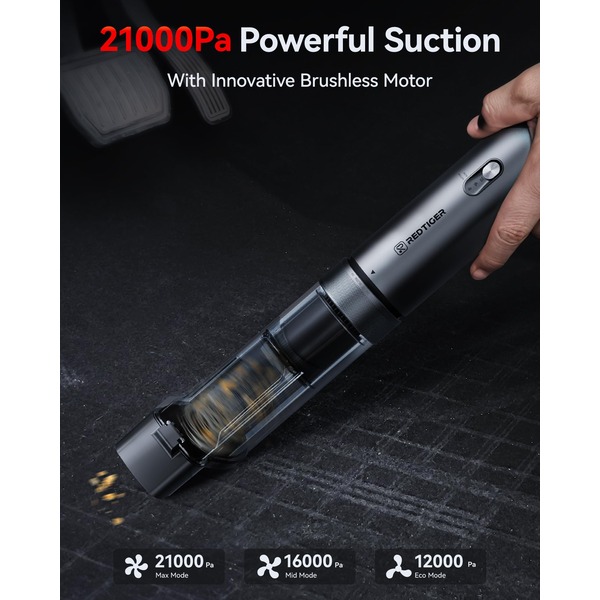 REDTIGER Cordless Car Vacuum Cleaner - 70 Min Runtime, USB-C Fast Charge