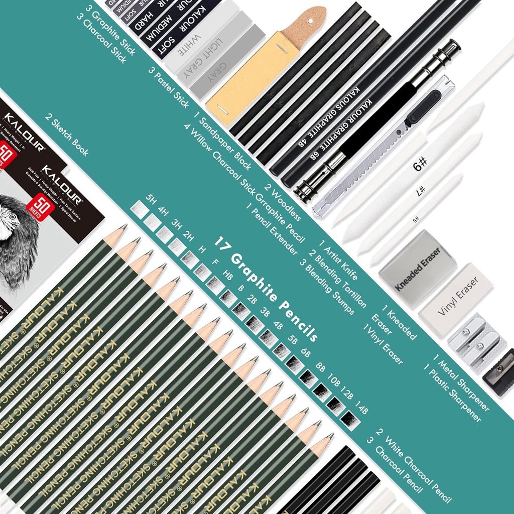 KALOUR 52-Pack Sketch Drawing Pencils Kit with Two Sketchbooks and Tin Box