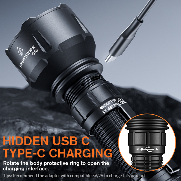 SUPERFIRE C16 Tactical Flashlight - 2700 Lumens, 40W Power, Type-C