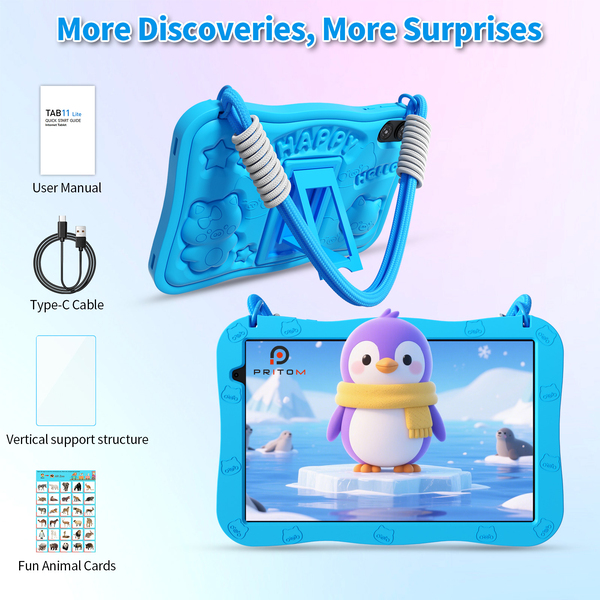 Pritom D11A Kids 10.1" Tablet 3GB+5GB RAM, 32GB ROM, Silicone Case & WI-FI6 - Blue