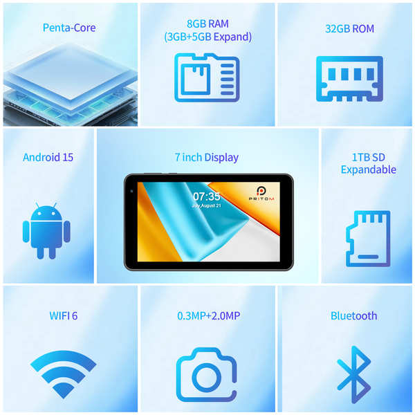 Pritom M7A 7" Smart Tablet - 3GB+9GB RAM, 32GB ROM, Wi-Fi6, Quad-Core CPU