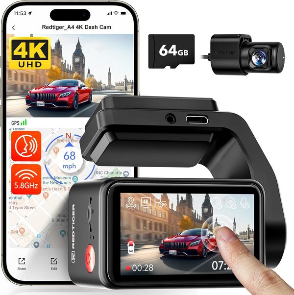 REDTIGER A4 4K Front & 1080P Rear Dash Cam - 5GHz Wi-Fi, 64GB Card, GPS